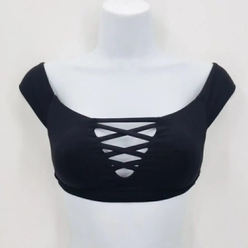 Frankie’s Bikinis black Shiloh off shoulder bikini top small BoxA